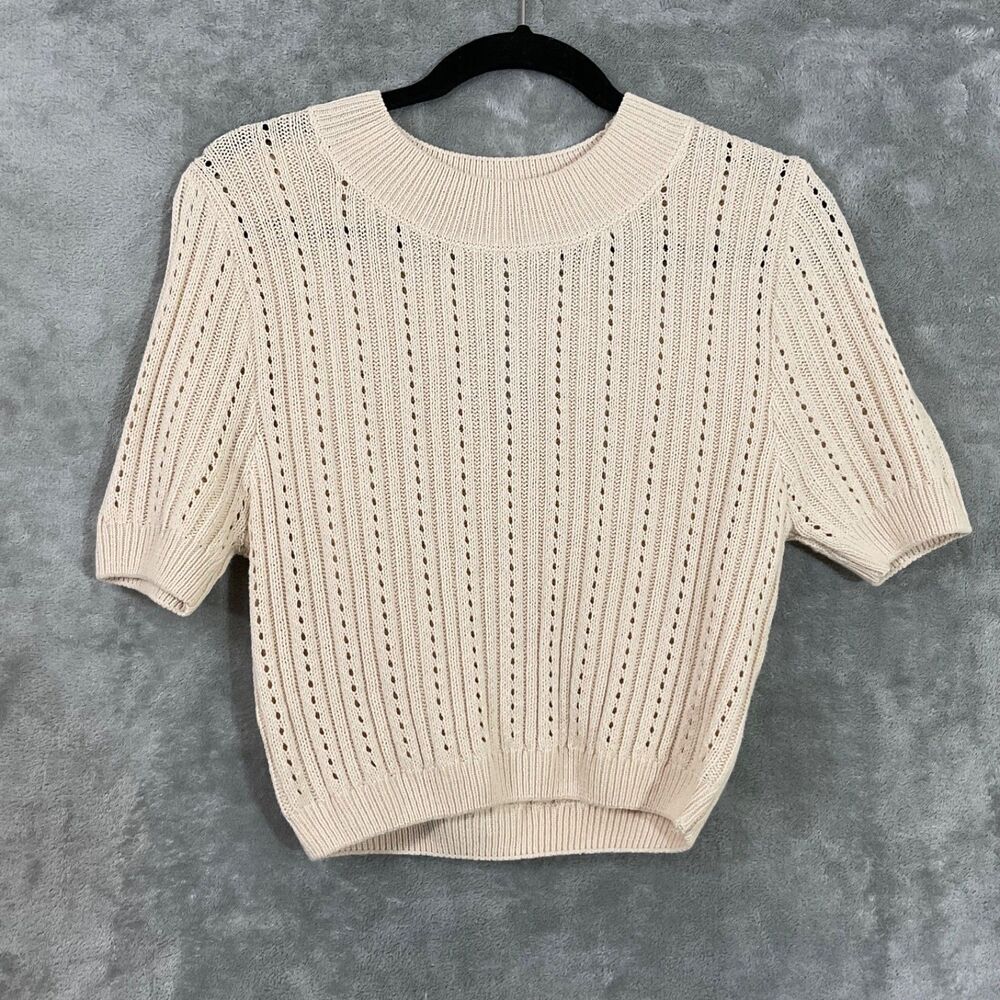 NWT Pointelle Knit crop Short Sleeve Sweater Sz L Minimalist Neutral by Hausen